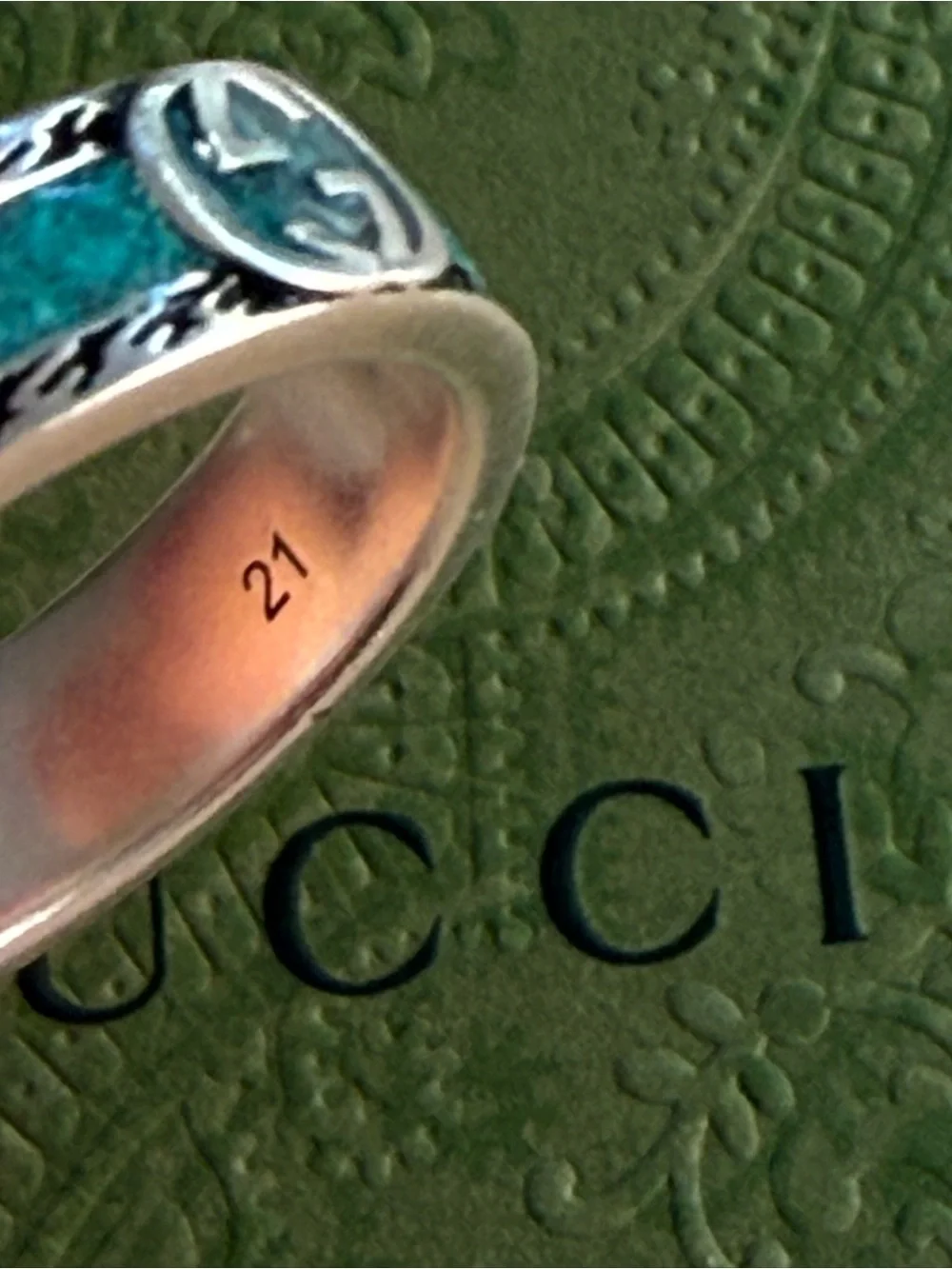 NWT GUCCI INTERLOCKING G RING STERLING SILVER TURQUOISE ENAMEL DESIGNER SIZE: 21